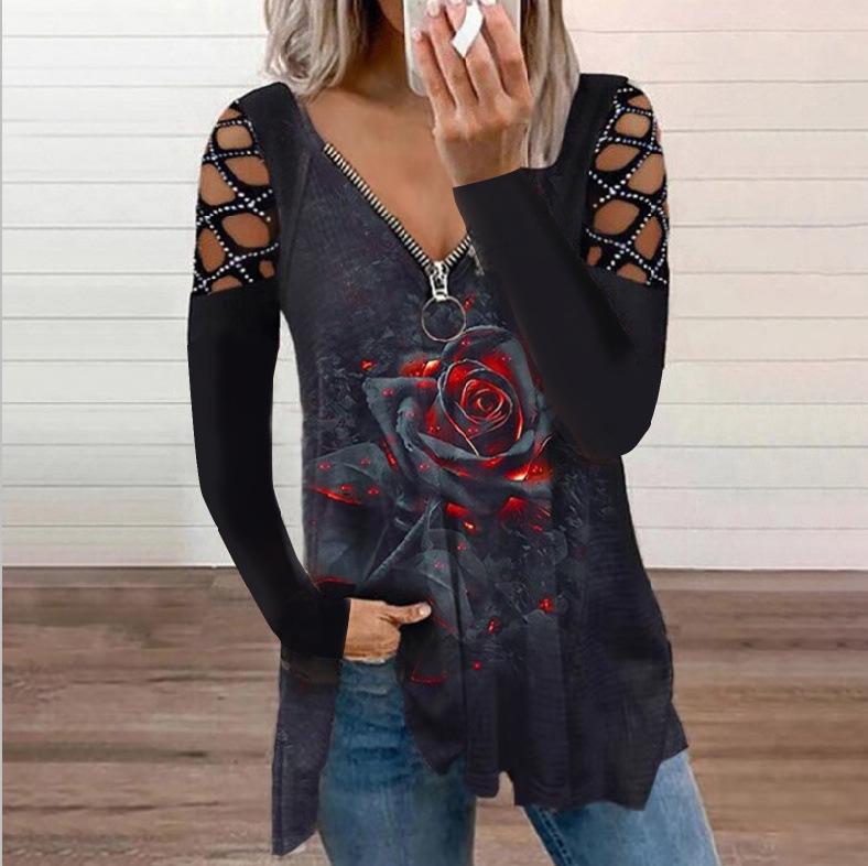 2021 European & American Autumn/Winter V-neck Long-sleeve Loose T-shirt with Hot Drilled Hollow Design