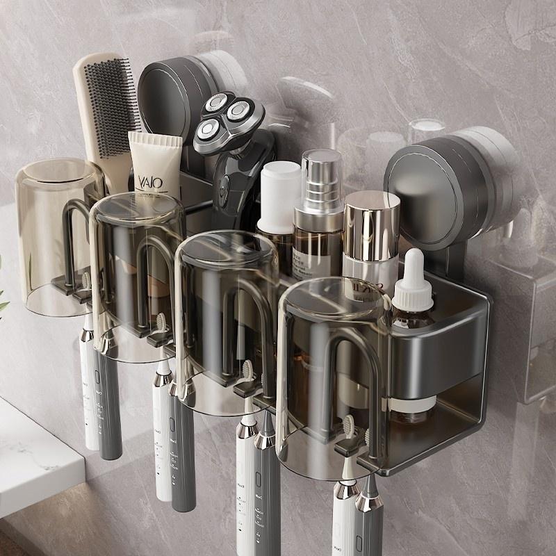 No Need To Drill Suction Cup Bathroom Toothbrush Holder With Cups, Toothbrush Sorage Rack, Mouthwash Cup, Brushing Cup