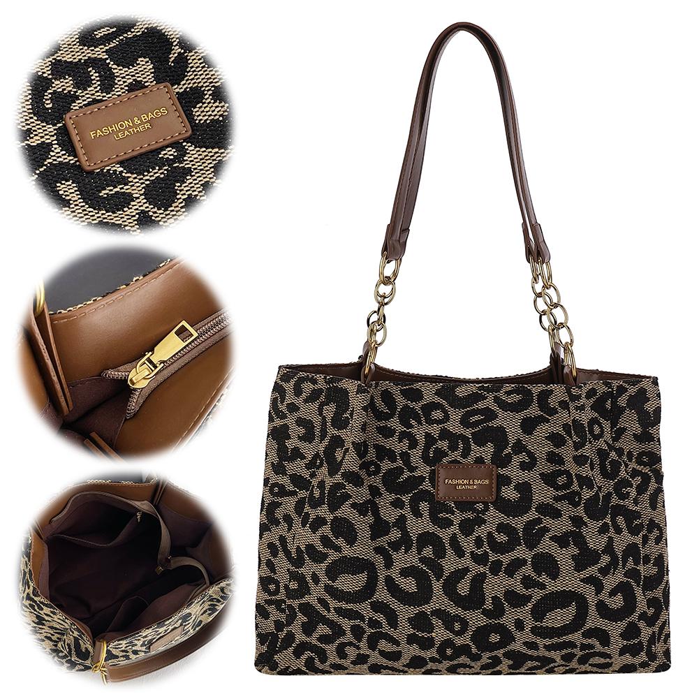 Leopard Print Canvas Shoulder Bag Women Tote Bag Multi-Pockets Handbag with Zipper Underarm Bag for Work Shopping