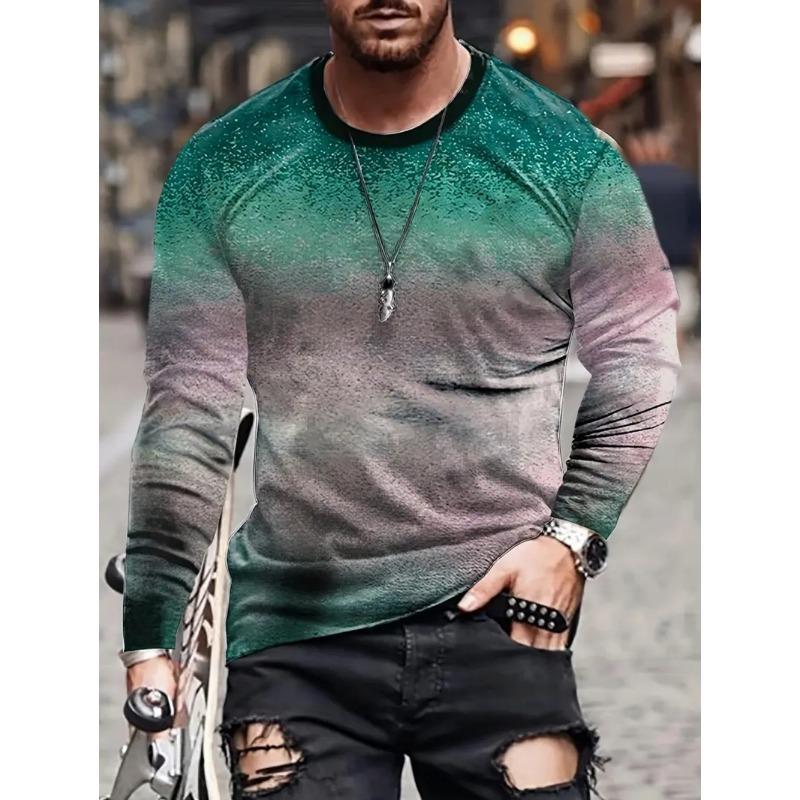 Vintage T-Shirt for Men Irregular Plaid Graphic T Shirts Round Neck Long Sleeve Tee Oversized Man Clothing Top
