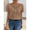 Nuova Blusa Estiva con Inserti in Pizzo da Donna Camicie Scollo Tondo Traforate Top alla Moda Manica Corta Colore Unito Dolce Abbigliamento Largo Elegante