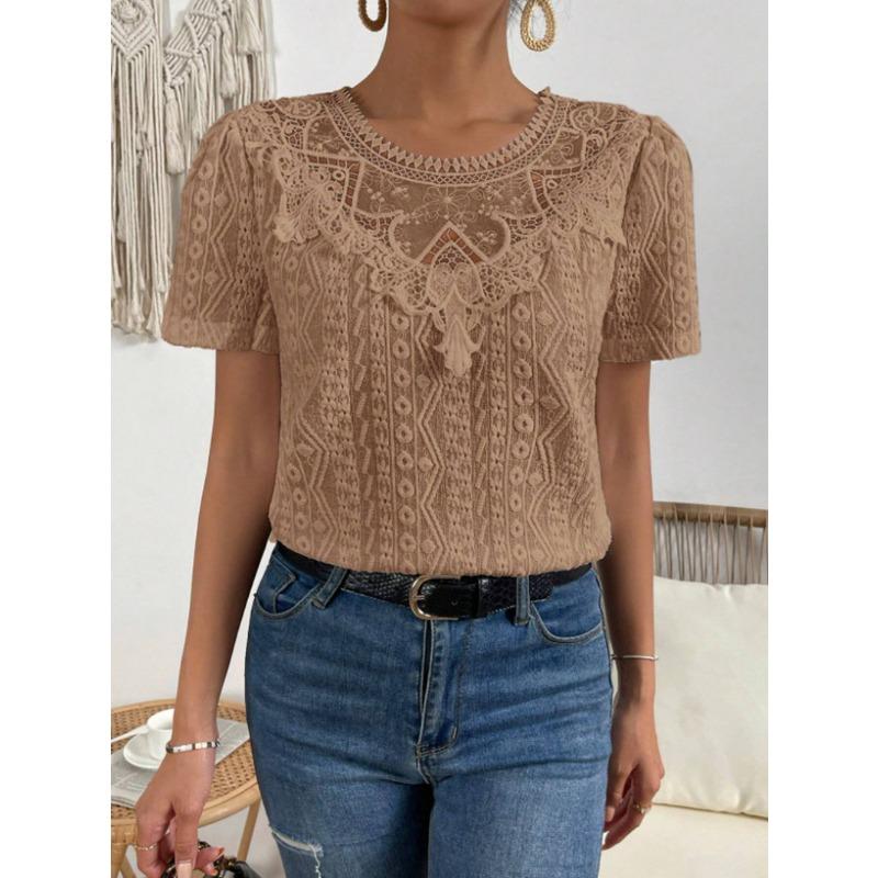 Nuova Blusa Estiva con Inserti in Pizzo da Donna Camicie Scollo Tondo Traforate Top alla Moda Manica Corta Colore Unito Dolce Abbigliamento Largo Elegante
