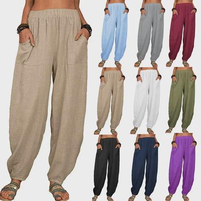 Haremshose für Damen, Sommer, lässig, Retro, große Größe, Hose aus Baumwolle und Leinen, elastische Taille, Hose mit weitem Bein, Haushose
