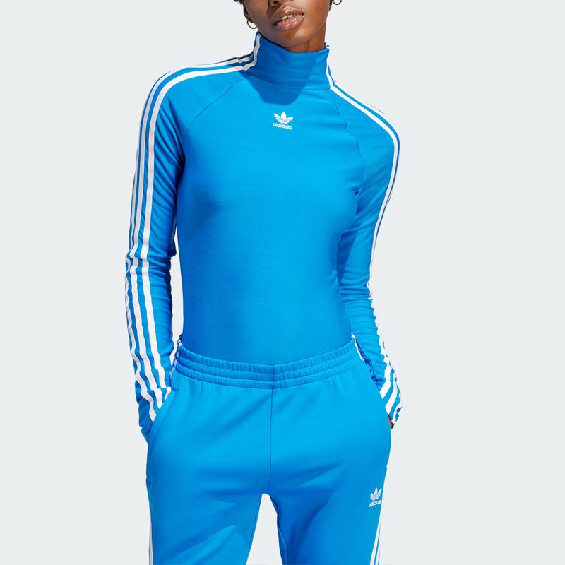 Adidas Originals Spice Girl Series Three Stripes Logo Embroidered Fitted Mock Neck Long Sleeve T-Shirt Women Tops Blue IV9330