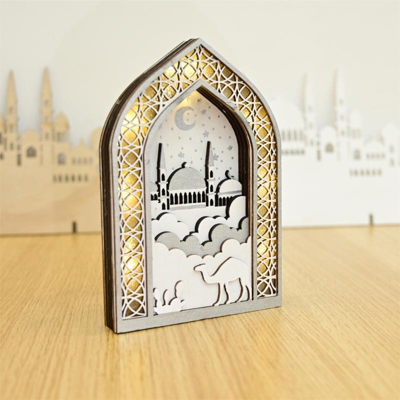 EID Wooden Pendant with LED Light Ornament Islamic Festival Supplies DIY Craft Perfect for Ramazan Home Party Decoration