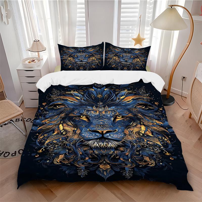 3pcs Blue and Gold Ornate Lion Portrait Print Bedding Set (1 Cover + 2 Pillowcases, Without Inserts), This Printed Bedding Set is Soft and