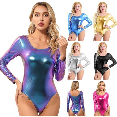 Women Adult Shiny Patent Leather Long Sleeves One-piece Leotard Bodycon Bodysuit Dancewear