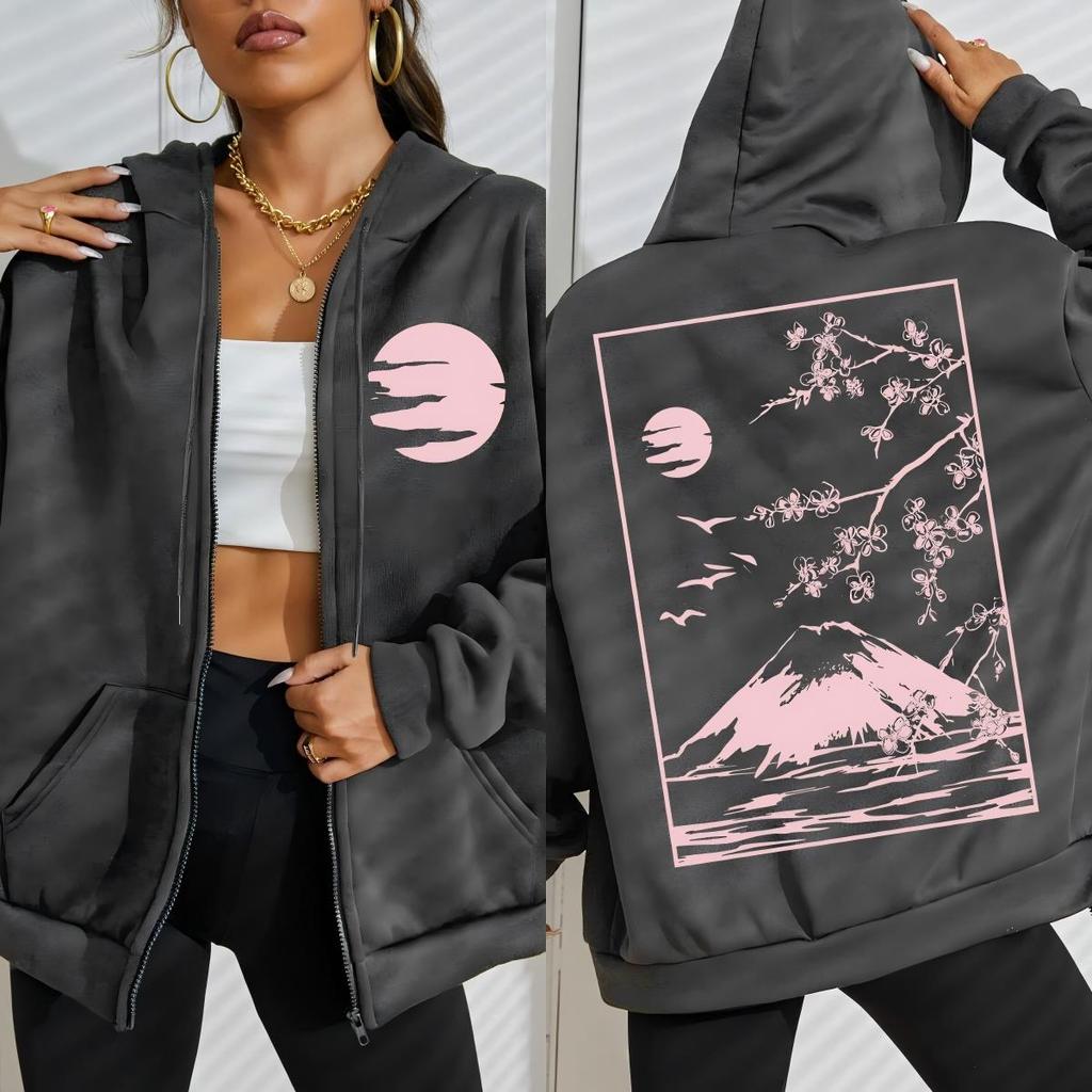 Tokyo Sakura Mount Fuji Business Card Pattern Women Zipper Hoodie Hip Hop Loose Hoody Soft Casual Clothes Fleece Hoodies