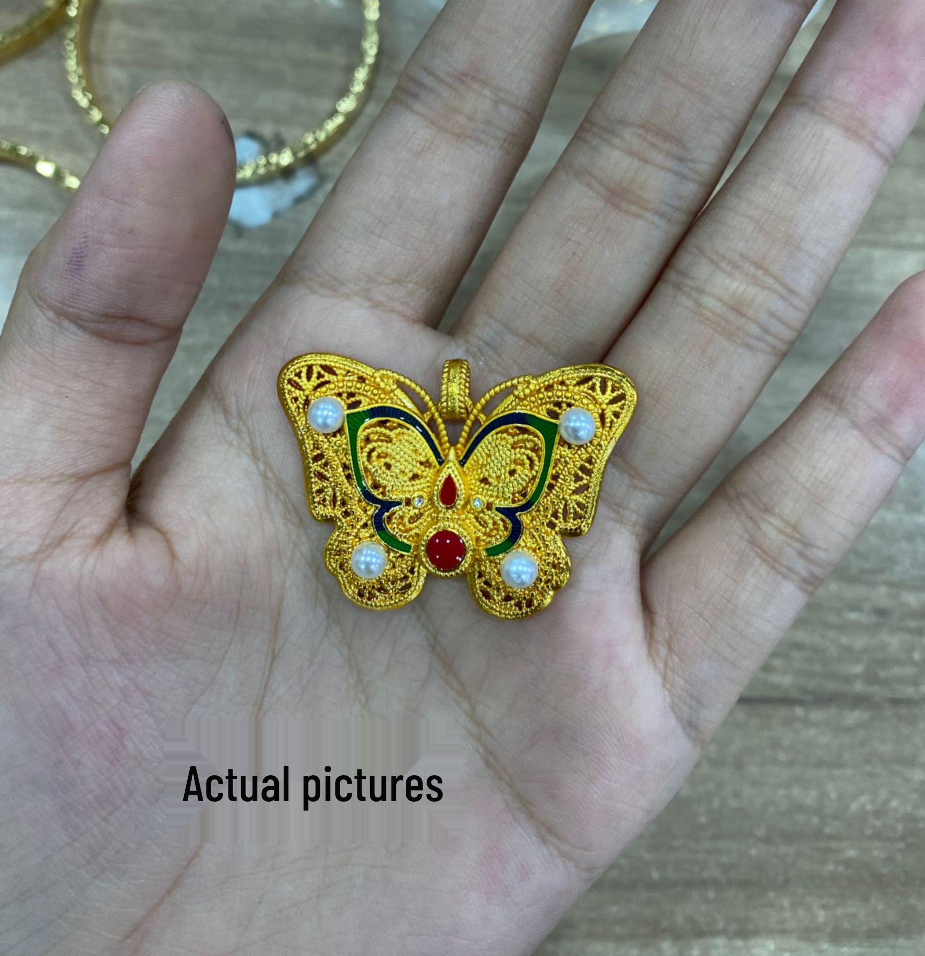 Традиционное золотое эмалированное филигранное ожерелье с цветком и бабочкой на плетеной веревочной цепочке