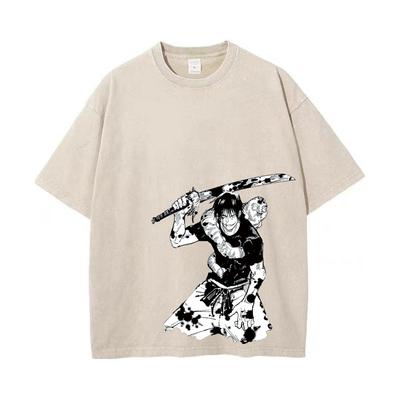 Men Streetwear Washed Apricot White Oversized T Shirt Japanese Anime Graphic Print T-Shirt Cotton Short Sleeve Tees