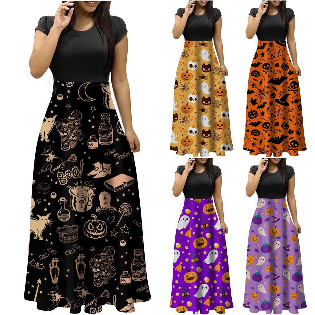 Women's Fashion Casual Halloween Print Round Neck Short-Sleeved Large Size Long Dresses