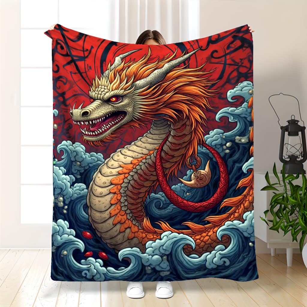 Japanesestyle mythical dragon pattern Flannel printed blanket suitable for all seasons for living room office sofa and travel 75x100cm