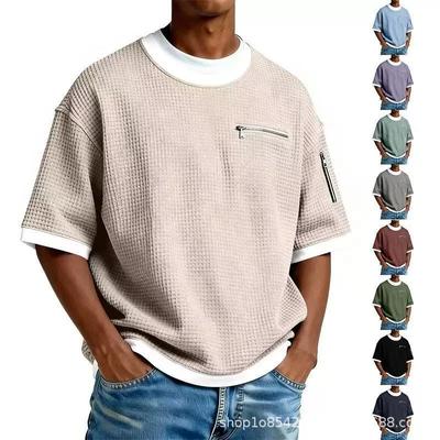 Simple Waffle-patterned Faux Two-piece Casual Short-sleeve T-shirt, Solid Color, New Men's Fashion, Color-blocking Top