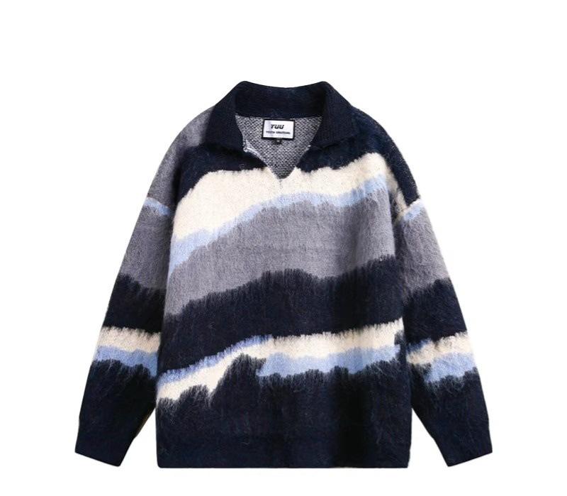 Unisex Retro Color Block Polo Collar Knit Sweater for Autumn/Winter