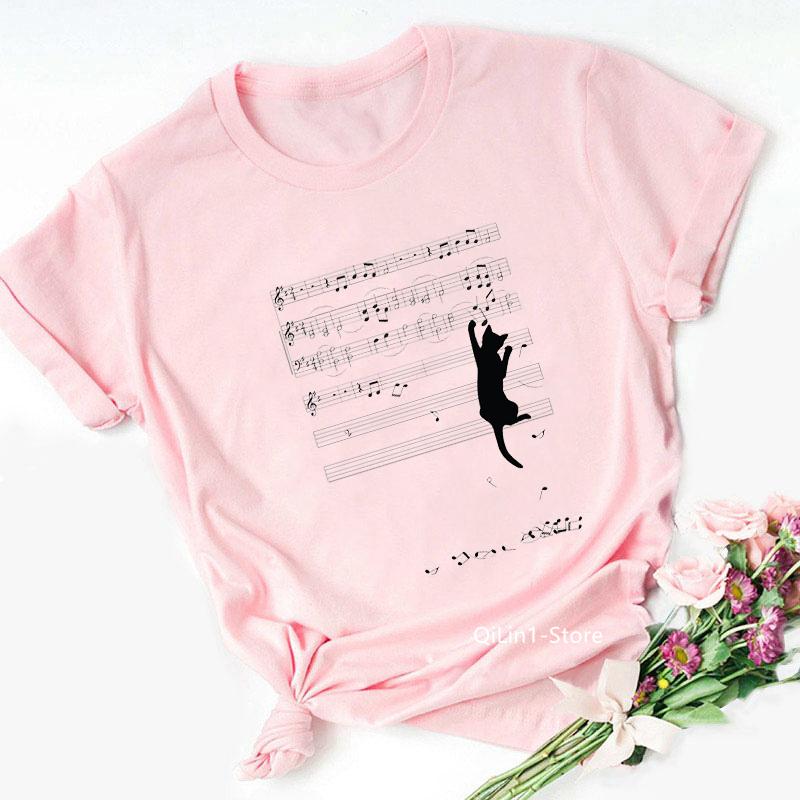 Camiseta De Gato Con Nota Musical Negra Para Mujer, Blusa Rosa Para Mujer, Camiseta Con Estampado De Gatito Encantador, Camiseta Para Mujer
