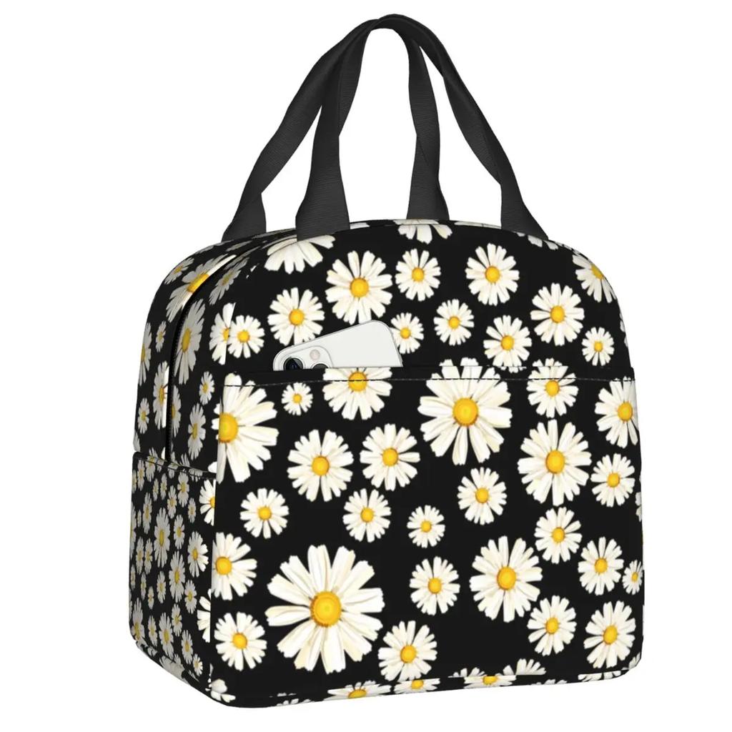 Custom Daisy Floral Lunch Bag Women Cooler Thermal Insulated Daisies Flower Lunch Box for Kids School Work Picnic Food Tote Bags