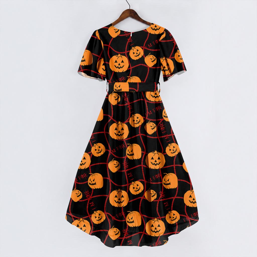 Women Casual V Neck Short Sleeve Halloween Print Dress Midi Length Relaxed Fit Lightweight Fabric Summer Dress