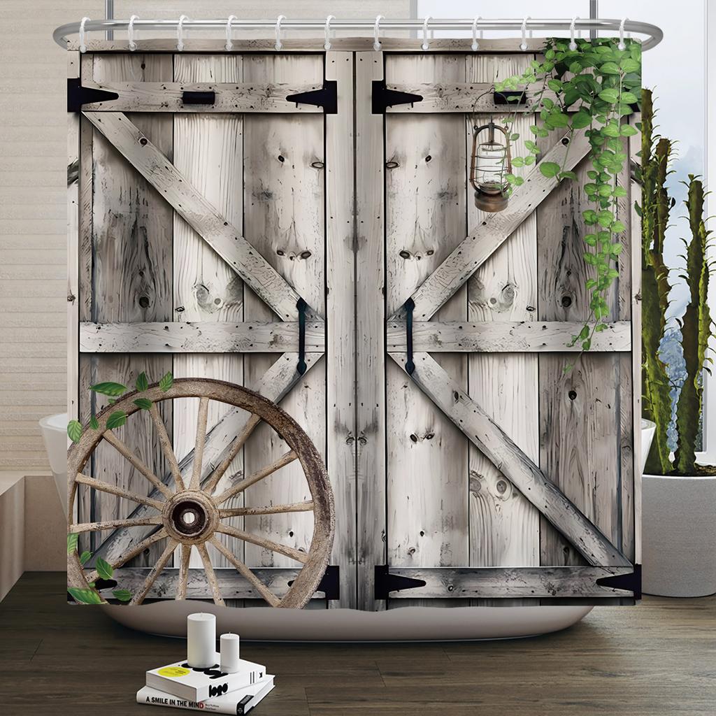 Retro Wood Door Shower Curtain Farmhouse Country Vintage Farm Barn Wooden Waterproof Polyester Shower Curtain for Bathroom Decor