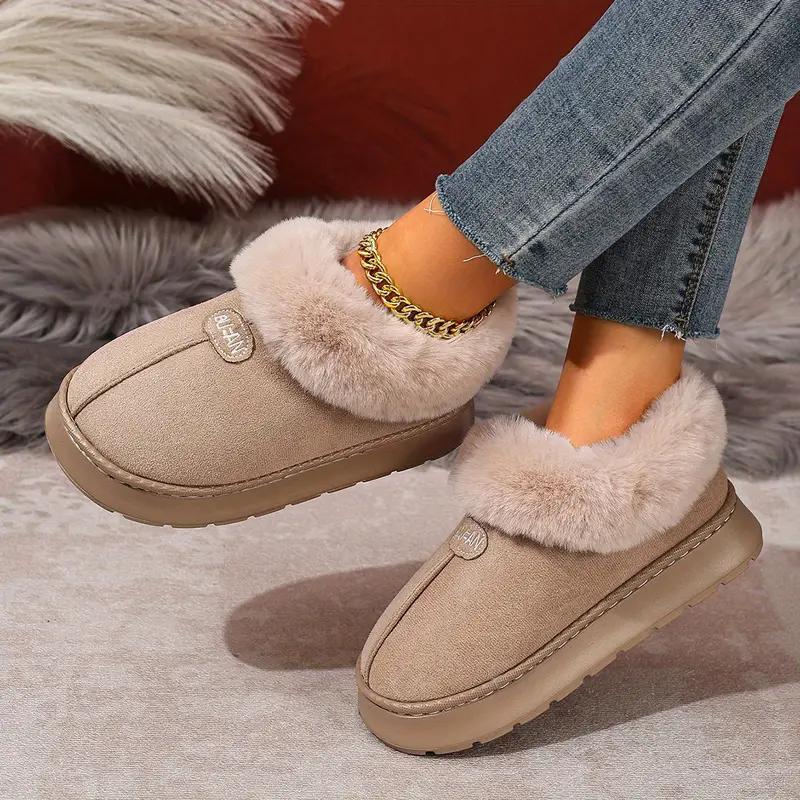 Women's Platform Boots Winter Fur Chunky Shoes Ankle Warm Plush House Fluffy Footwear Plush Lined Slip On EVA Sole Slippers New