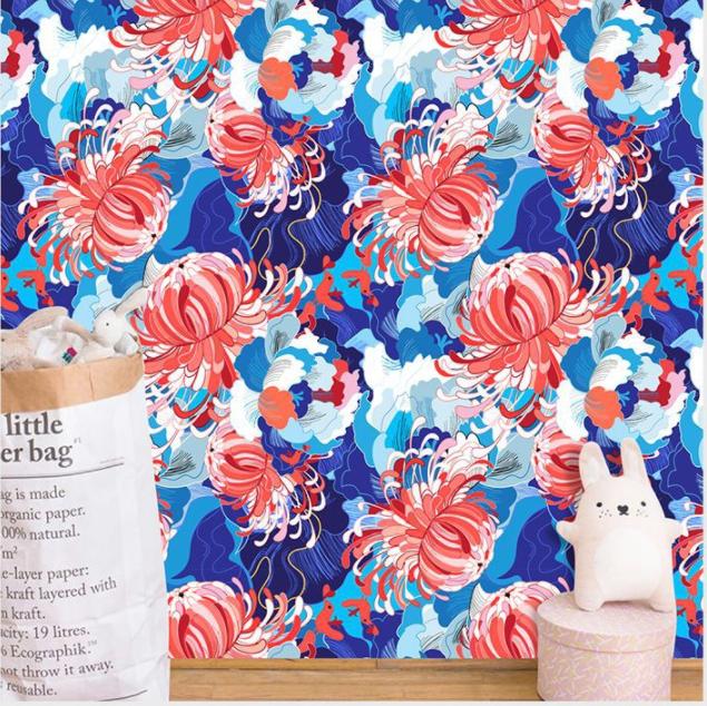 Chinesisch Rot Floral Abziehen und Aufkleben Tapete Abnehmbares Vinyl Selbstklebende Wandrenovierungsaufkleber Heimdekor Tapeten