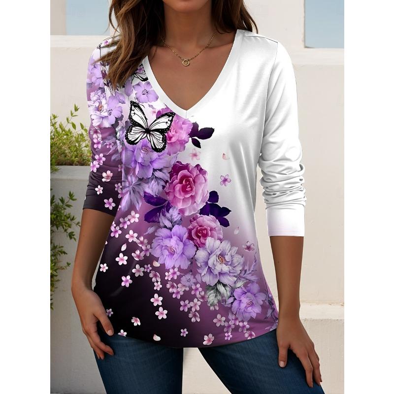 2025 Women's T-Shirts Florals Graphics Plants Elegant Fashion Tees Long Sleeve T-shirts V-Neck Regular Tops Casual Pullover Fall