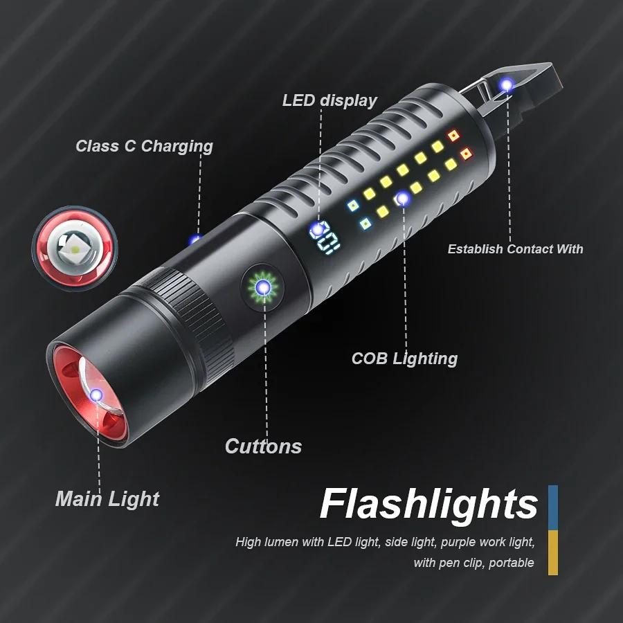 Powerful LED Flashlight with Side Light 18650 Battery USB Rechargeable Telescopic Zoom Outdoor Camping Emergency Flashlight