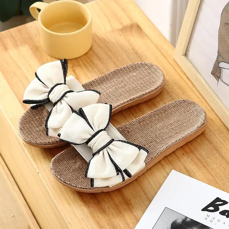Summer Women Casual Slides Comfortable Flax Slippers Striped Bow Linen Flip Flops Platform Sandals Ladies Indoor Shoes