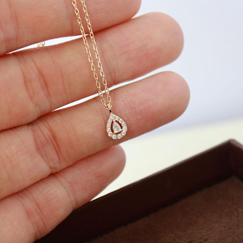 18K Gold-Plated S925 Sterling Silver Water Drop Zircon Pendant Necklace, Japanese Retro Style Platinum