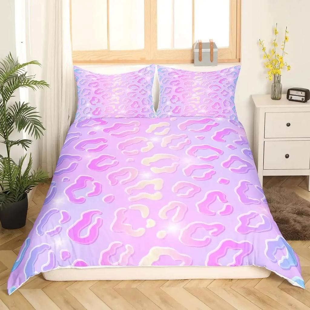 Leopardenmuster Bettbezug Rosa Pastell Gepard Bettbezug Tierdruck Bettwäsche Set Regenbogen Galaxie Tagesdecke King Size