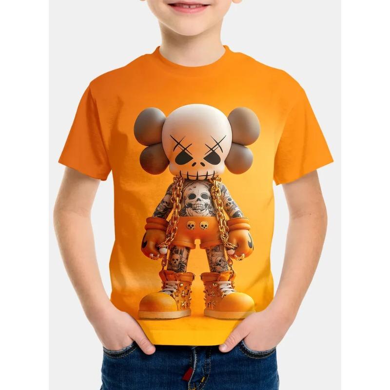 Söt tecknad djurmönster tryck Sommar Rund hals Barn Kortärmad T-shirt Bekväm Trendig Pojkars T-shirt