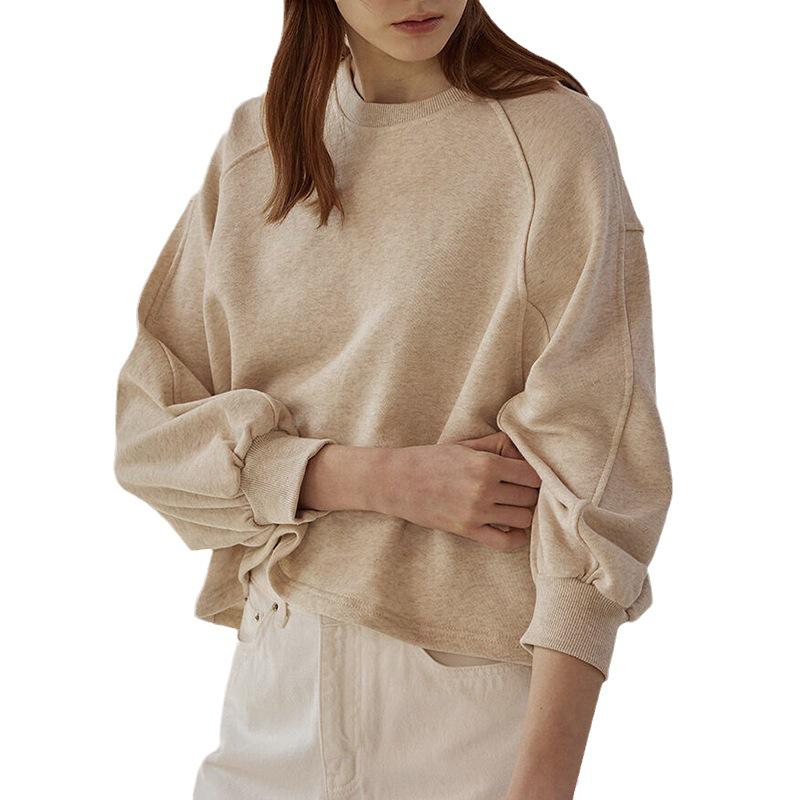 Spring 2025 French Casual Cotton Sweater - Loose Fit, Short Lantern Sleeves for Women