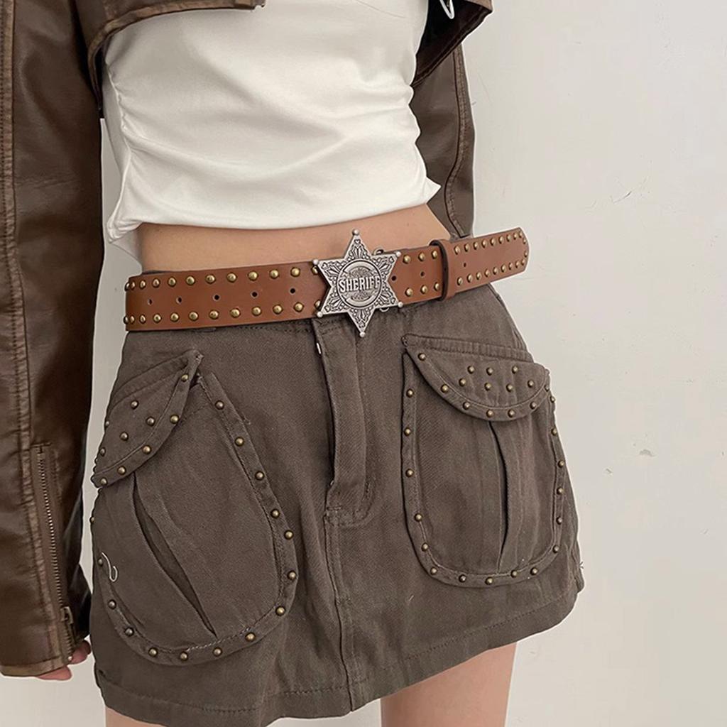 Harajuku Adult Waist Belt with Carved Buckle Alloy Rivet Waistband PU Waist Belts for Women Universal Pants Belt
