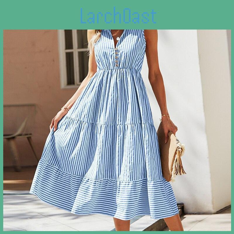 Summer Dress Aline Elegant Vneck Women Fashion Sleeveless Striped Dress For Vacation Female Casual Loose Dresses 28002