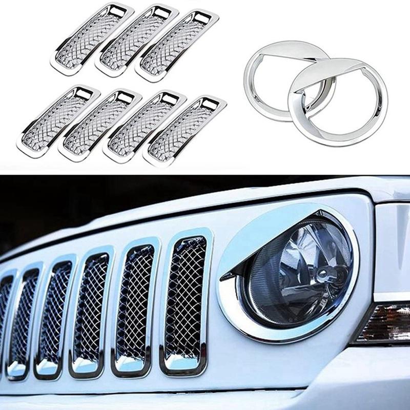 

9Pcs Chrome Front Grille Mesh Trim Head Light Cover for Jeep Patriot 2011-2017