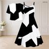 Women Plus Size Two Piece Dress Set Short Sleeve V Neck Tie Front Shrug Black White Printed Flared Dress