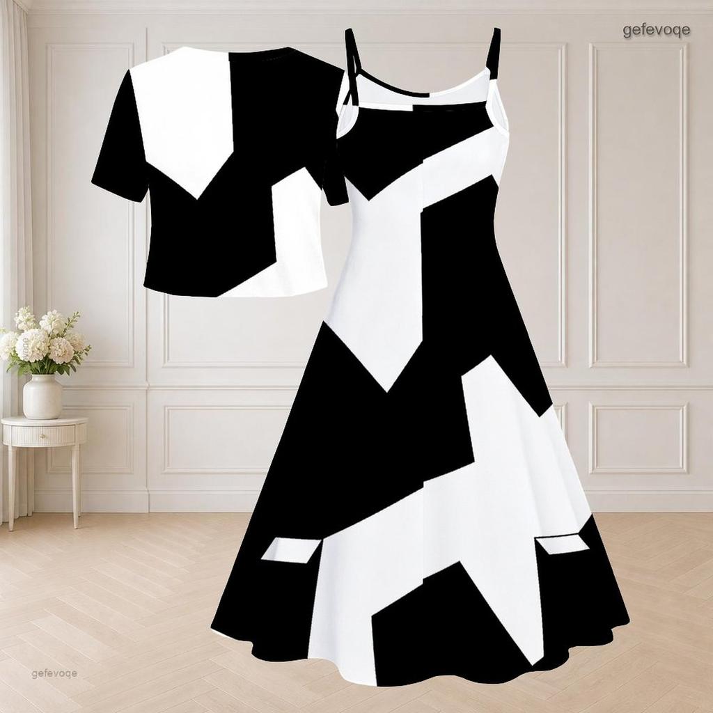 Women Plus Size Two Piece Dress Set Short Sleeve V Neck Tie Front Shrug Black White Printed Flared Dress