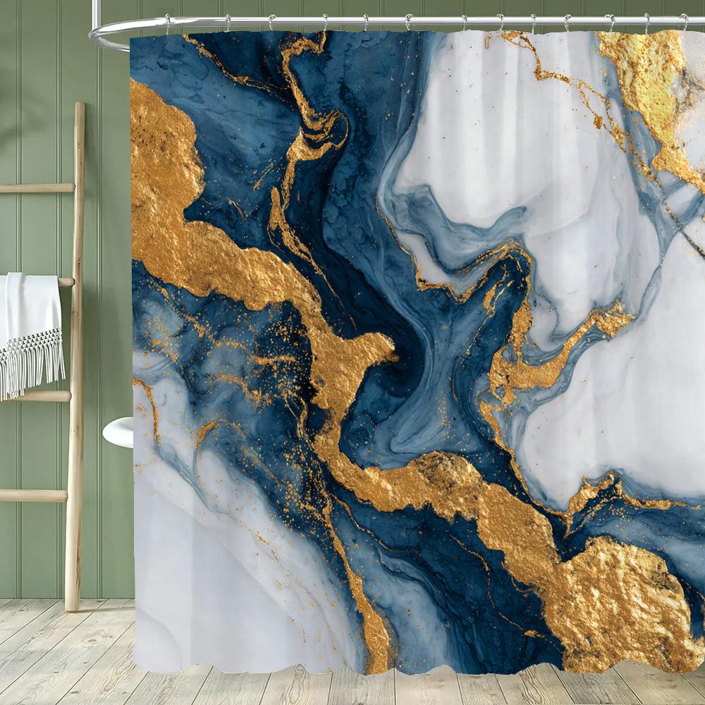 Blue Gold Textured Marble Shower Curtain Black White Natural Art Pattern Polyester Fabric Washable Shower Curtain Bathroom Decor