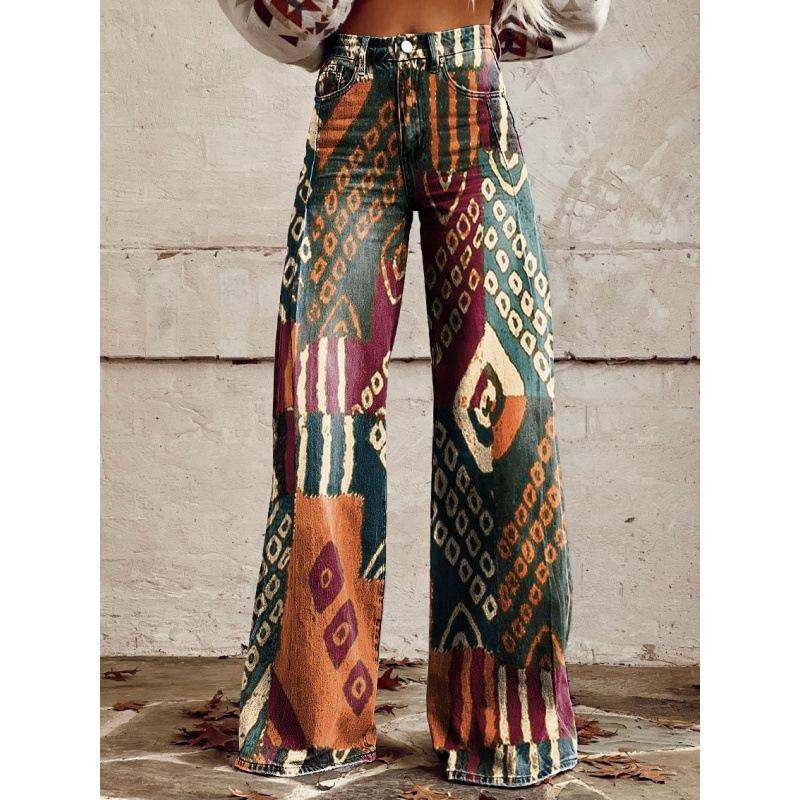 2026 summer new printing European and American style cross-border 3D trend jeans loose casual straight wide-leg trousers women S
