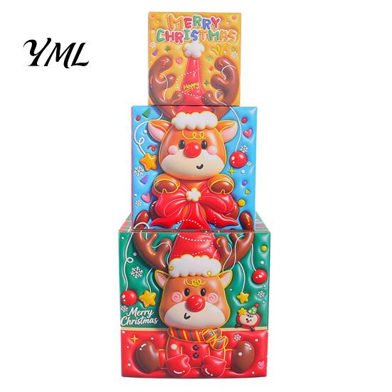 Reusable Holiday Display Sets 3Pcs Christmas Stackable Gift Box, Layered Cube Plastic Boxes with Santa Party Table Decor Snowman Reindeer, Tabletop