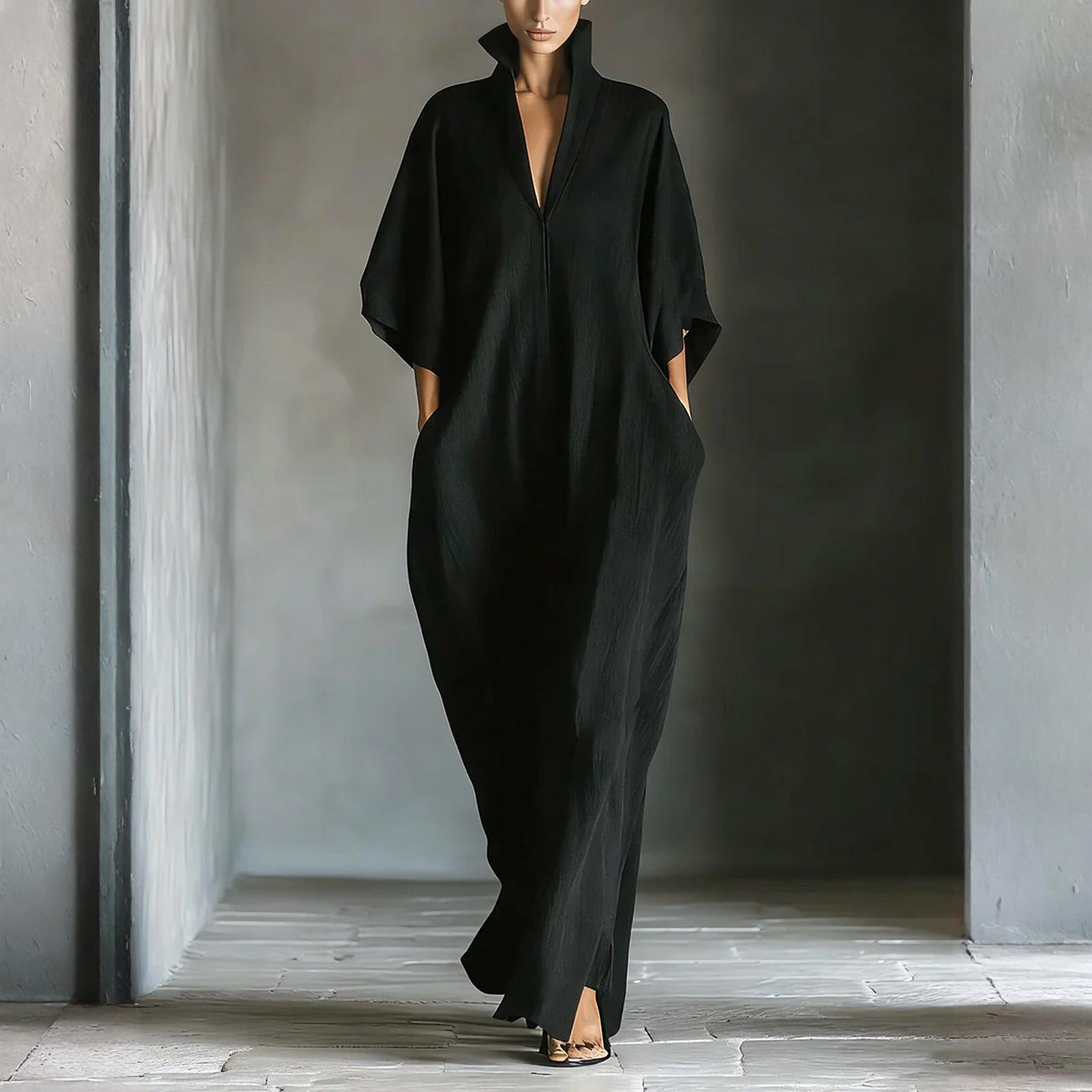 

Fashionable Women s Mid Sleeved V-neck Long Skirt With Loose Fitting Pullover Dress L чёрный