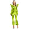 S-3XL Women‘s Disco Jumpsuit Halloween Costume: Shiny Metallic Long Sleeve High Waist Romper with Bell Bottoms & Front Zip