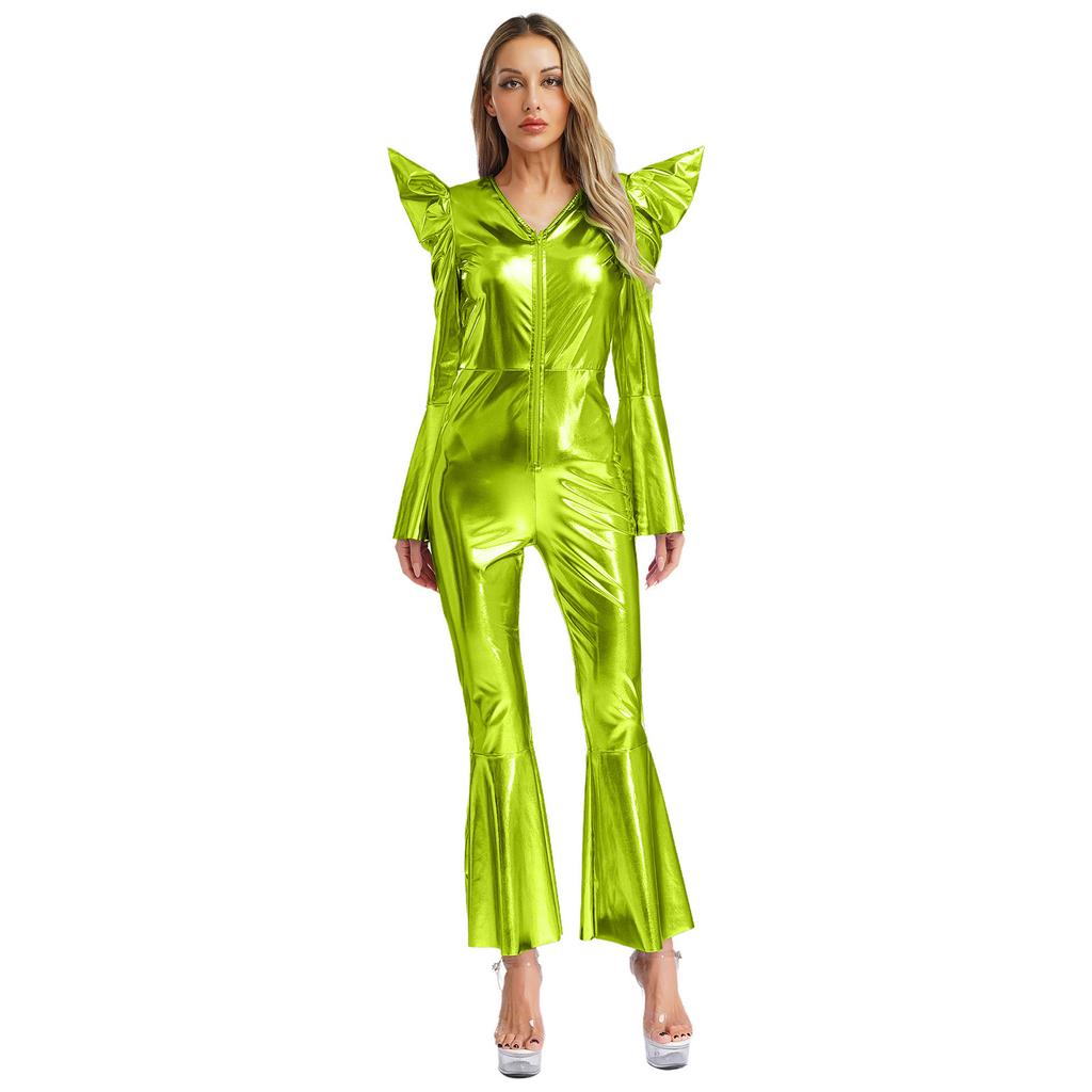 S-3XL Women‘s Disco Jumpsuit Halloween Costume: Shiny Metallic Long Sleeve High Waist Romper with Bell Bottoms & Front Zip