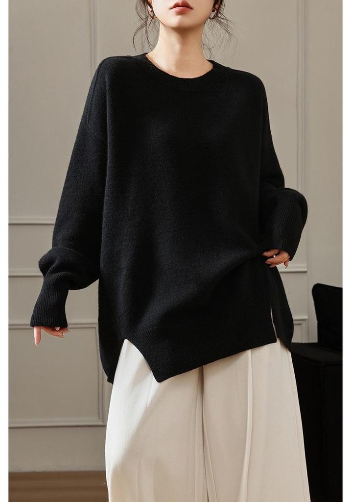 Women's Plus Size Round Neck Sweater - Autumn/Winter Solid Color Knit with Slit Design