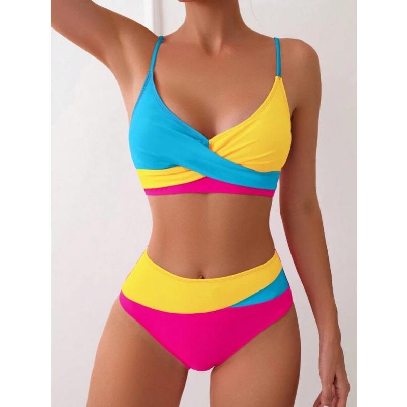 Women's Color Block Twist Front Bikini Set High Waist Two Piece Swimsuit