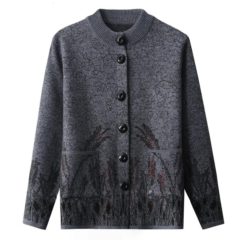 

Women Spring and Autumn Cardigans Sweater Middle Aged Mother Outerwear Round Neck Knitwear Jacket Grandma Crop Knit Tops M