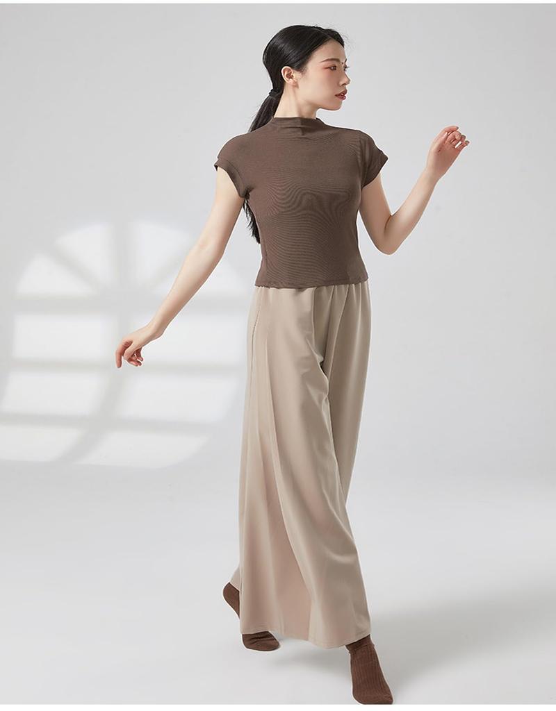 Yuoku Short Sleeve Ballet Blouse with High Stretch Top for Practice and Classical Ballroom Dance Costume High Women's Neck, Lessons, Dance, (Size L,