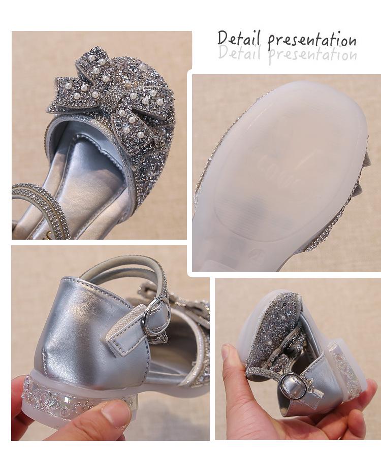Scarpe col tacco alto da bambina argentate con strass, stile principessa - Scarpe eleganti chiuse in punta con fiocco e suola morbida