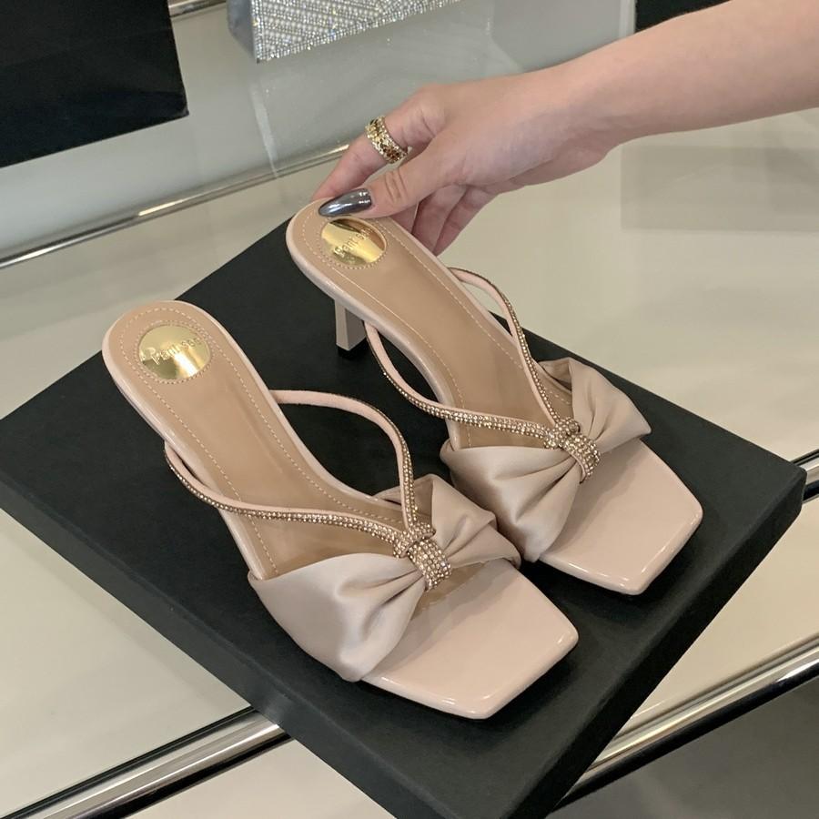 

2025 summer new European and American French satin thin belt rhinestone high heel cool slippers women s shoes 34
