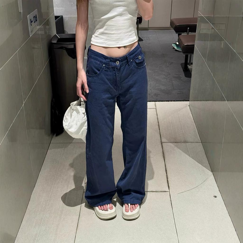 Women Straight Leg Denim Jeans Casual Solid Color Cotton Blend High Waist Daily Streetwear Long Pants