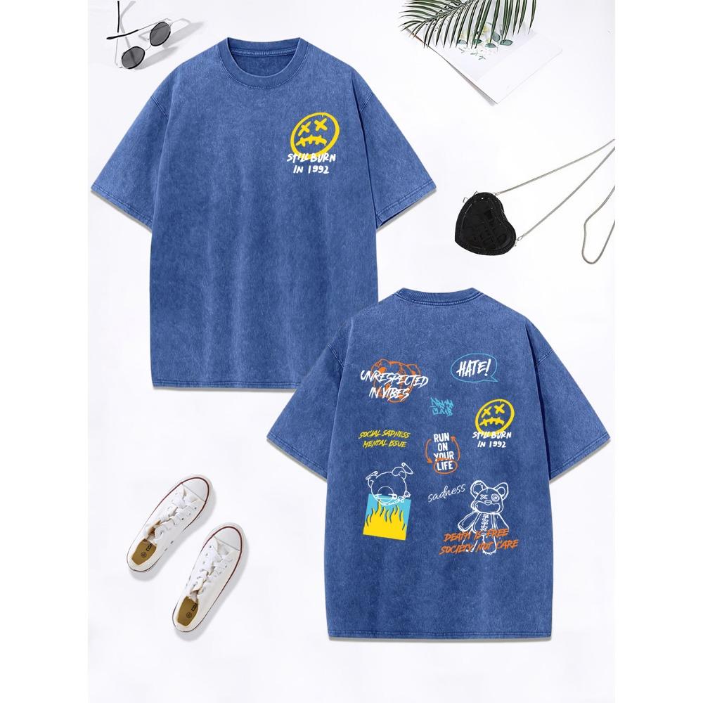 Little Bear Text Graffiti Prints Washed T-Shirt Women Cotton Oversized Tops Comfortable Distressed O-Neck T Shirt Clothes